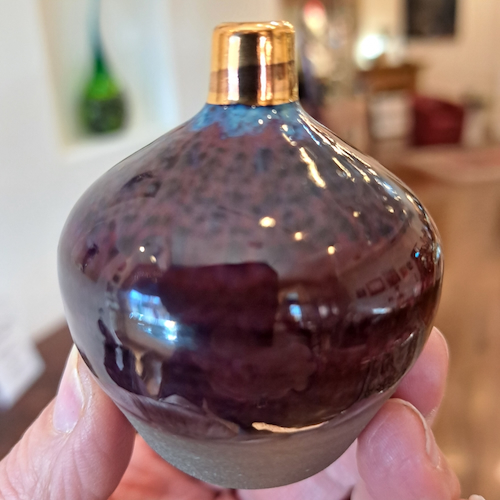 JP-009 Pottery Handmade Miniature Vase Gold, Blue, Port, Gray $68 at Hunter Wolff Gallery